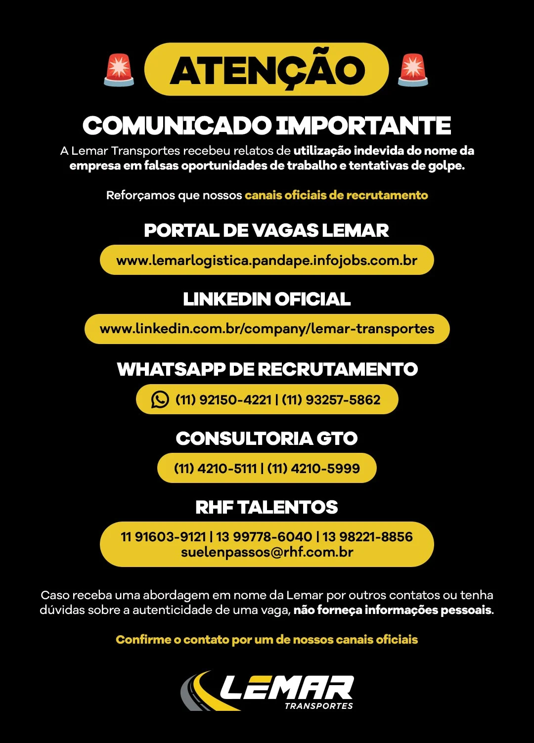 Comunicado importante - Golpe em nome da Lemar Transportes